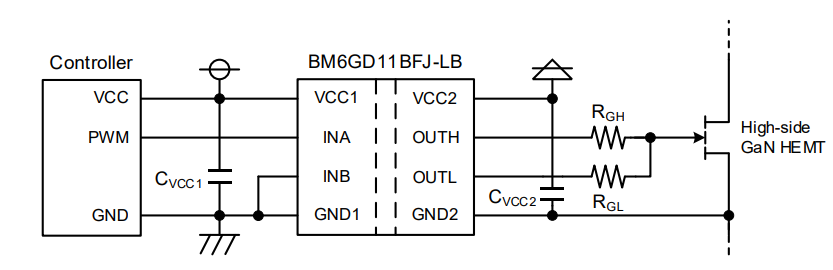 アプリケーション回路図 - ROHM Semiconductor BM6GD11BFJ-LB 1チャンネル・ゲートドライバ
